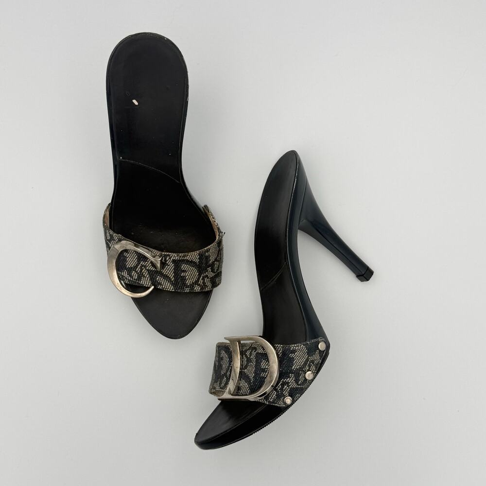Vintage Dior by John Galliano CD Sandal Mule Heels in Navy Monogram Canvas